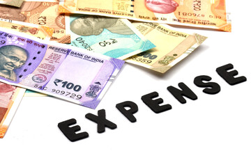 Expense concept,expense alphabet on money background,Indian Currency, Rupee, Indian Rupee,Indian Money, Business, finance, investment, saving and corruption concept - Image
