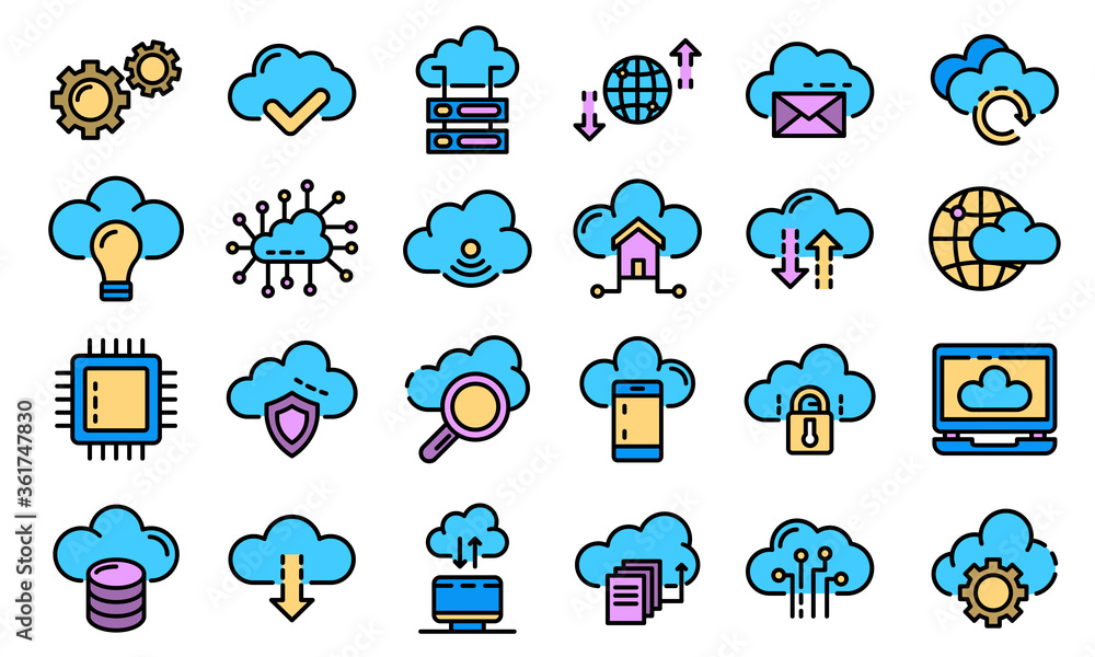 Poster cloud technology icons set. outline set of cloud technology vector icons thin line color flat on whi