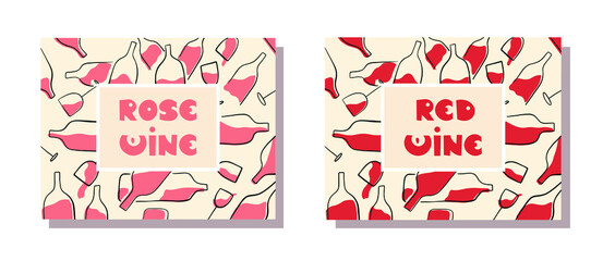 rose wine and red wine rectangular posters and labels with hand drawn bottles and glasses filled with wine on soft paper like background - flat vector illustration