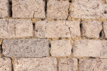 Old wall of clay blocks. Background of clay brickwork.