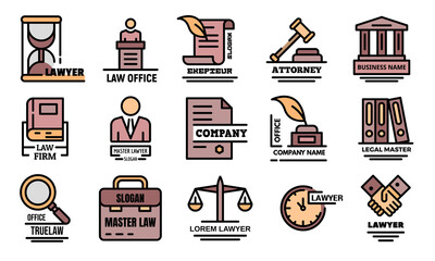 Lawyer icons set. Outline set of lawyer vector icons thin line color flat on white