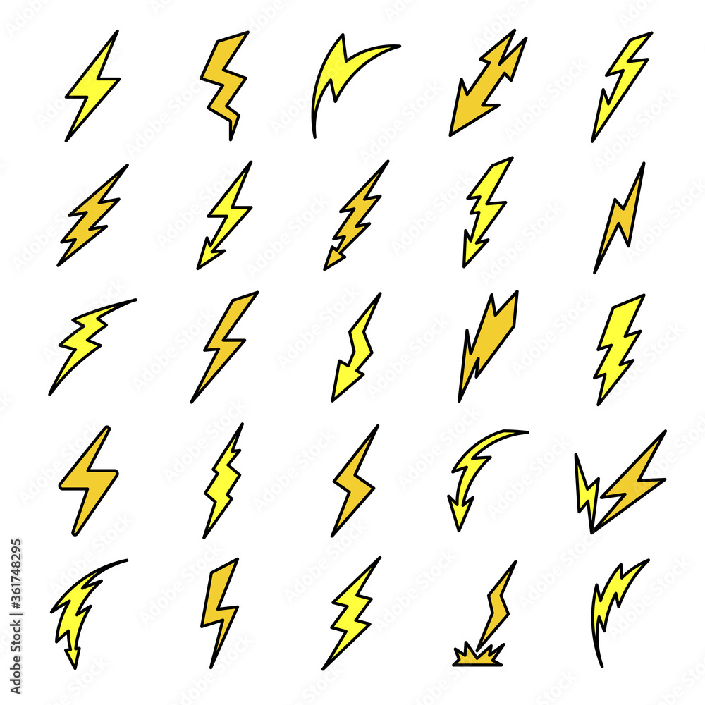 Poster lightning bolt icons set. outline set of lightning bolt vector icons thin line color flat on white