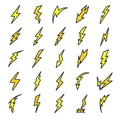 Lightning bolt icons set. Outline set of lightning bolt vector icons thin line color flat on white
