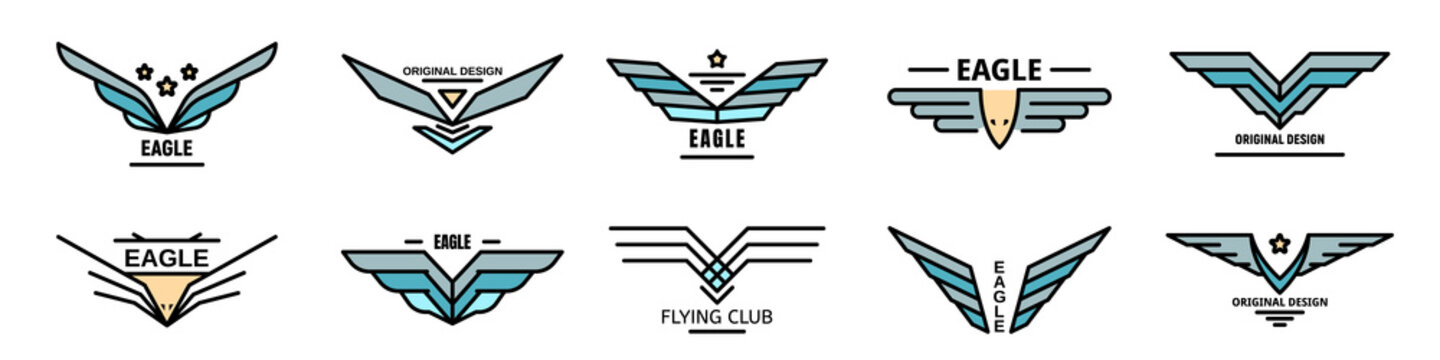 Eagle logo set. Outline set of eagle vector logo thin line color flat on white