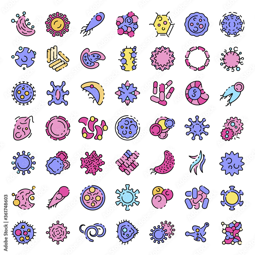 Aufkleber bacteria icons set. outline set of bacteria vector icons thin line color flat on white