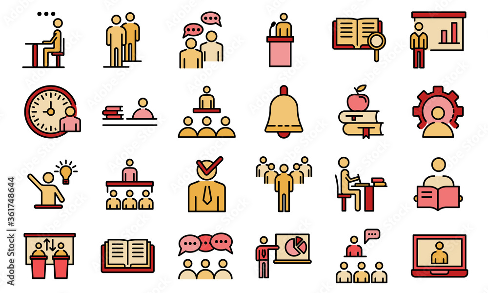 Poster lecture class icons set. outline set of lecture class vector icons thin line color flat on white