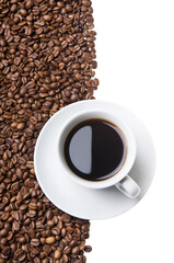 Cup of coffee drink on white table half filled with roasted coffee beans background. Close up of a brown surface texture of aroma black caffeine drink ingredient for coffee beverage.