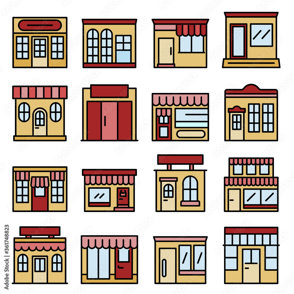 Poster local business icons set. outline set of local business vector icons thin line color flat on white