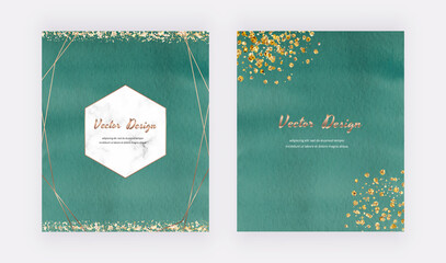 Green watercolor cards with gold glitter texture, confetti and geometric marble frames. Modern abstract cover design.