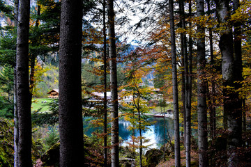 Blausee, Kandergrund, Switzerland - 11.01.2018: Beautiful mountain blue lake in the mountains. Autumn landscape, yellow trees. Crystal clear, transparent water of the blue lake. Mountain landscape.