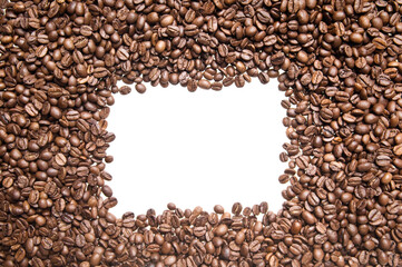 Roasted coffee beans frame isolated on white background. Border of coffee beans arranged to enclose and frame a sample area of white space for your design needs
