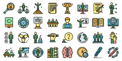 Staff education icons set. Outline set of staff education vector icons thin line color flat on white