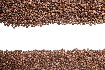 Roasted coffee beans open frame isolated on white background. Border of coffee beans arranged to enclose and frame a sample area of white space for your design needs.
