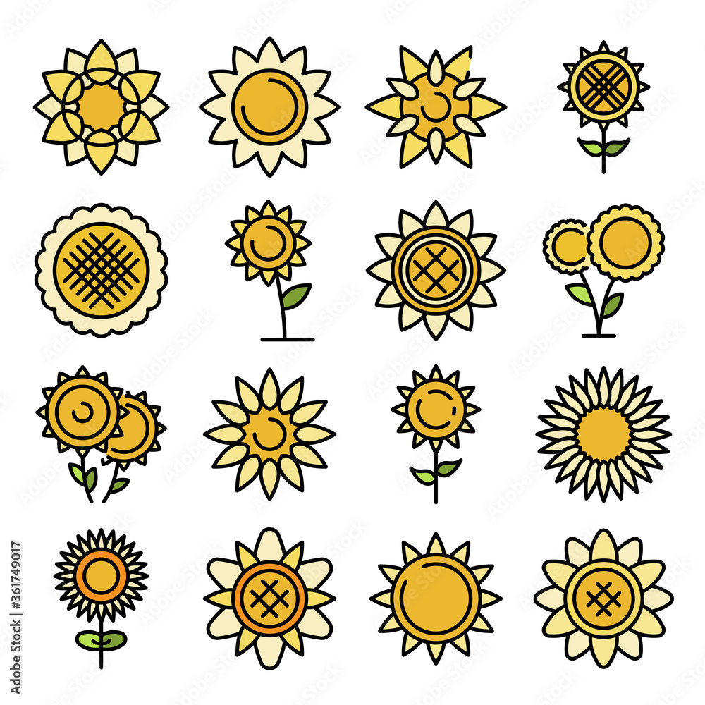 Wall mural sunflower icons set. outline set of sunflower vector icons thin line color flat on white - Wall murals