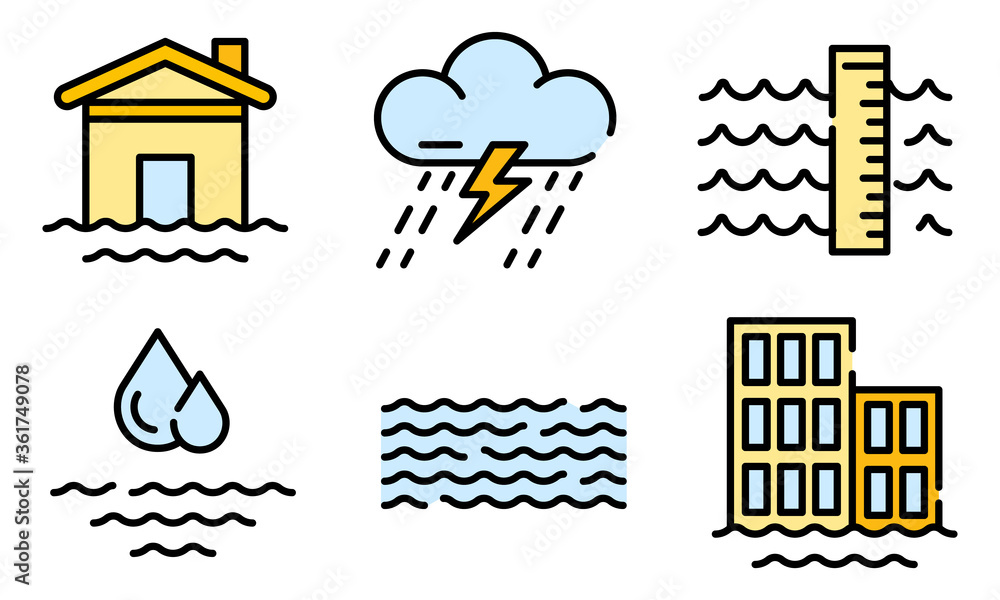 Poster flood icons set. outline set of flood vector icons thin line color flat on white