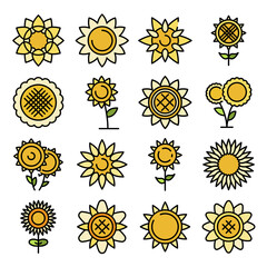 Sunflower icons set. Outline set of sunflower vector icons thin line color flat on white