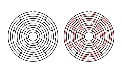 Vector circle maze isolated on white background. Education logic game labyrinth for kids. With the solution.