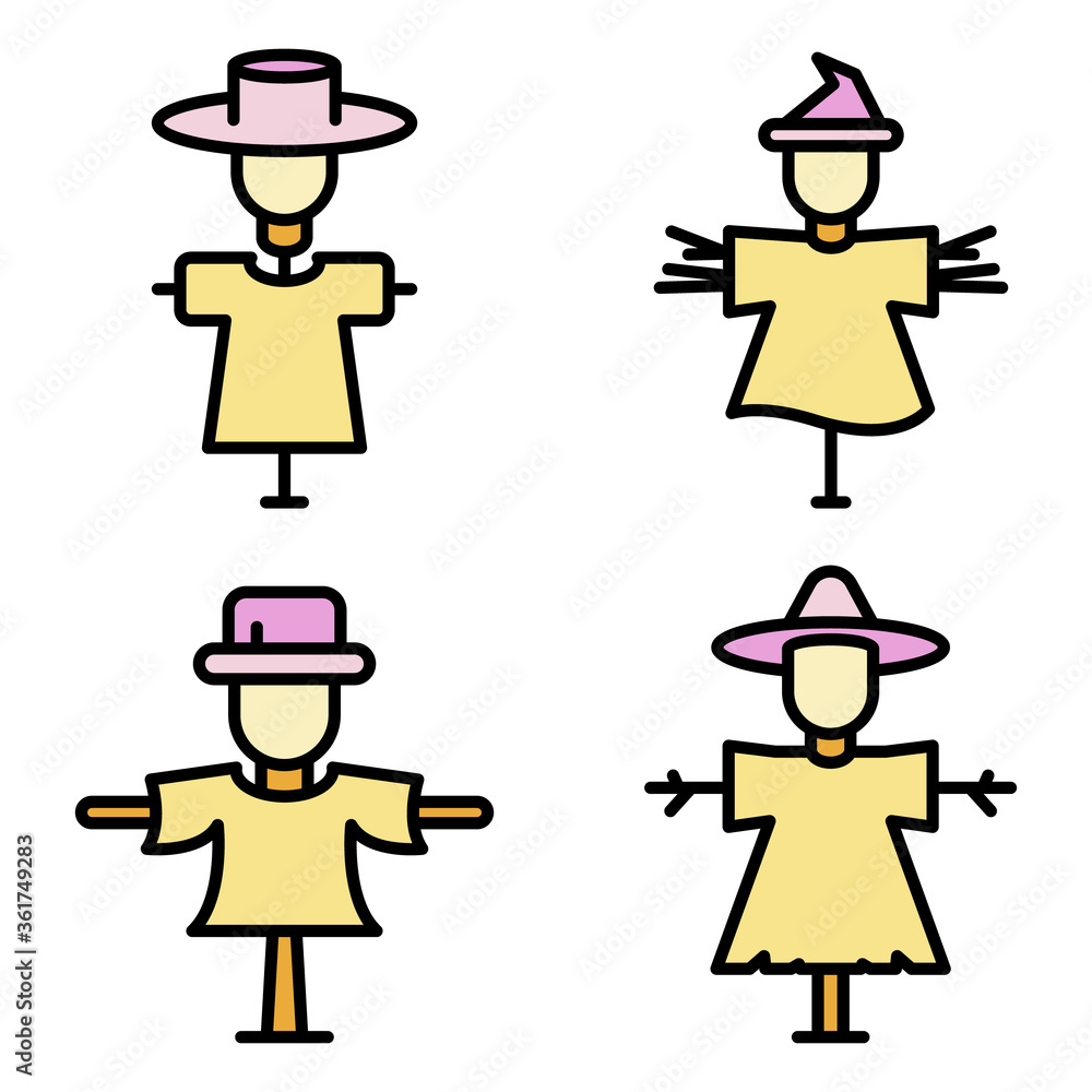 Aufkleber scarecrow icons set. outline set of scarecrow vector icons thin line color flat on white