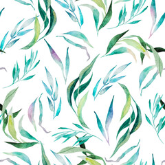 Naklejki  Akwarela wzór. Zielone liście i gałązki na białym tle
