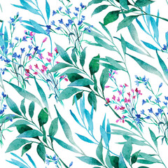 Seamless watercolor pattern. Green twigs, leaves, flowers on a white background