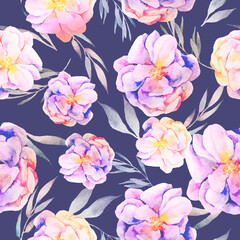 Seamless watercolor pattern. Leaves, flowers on a purple background