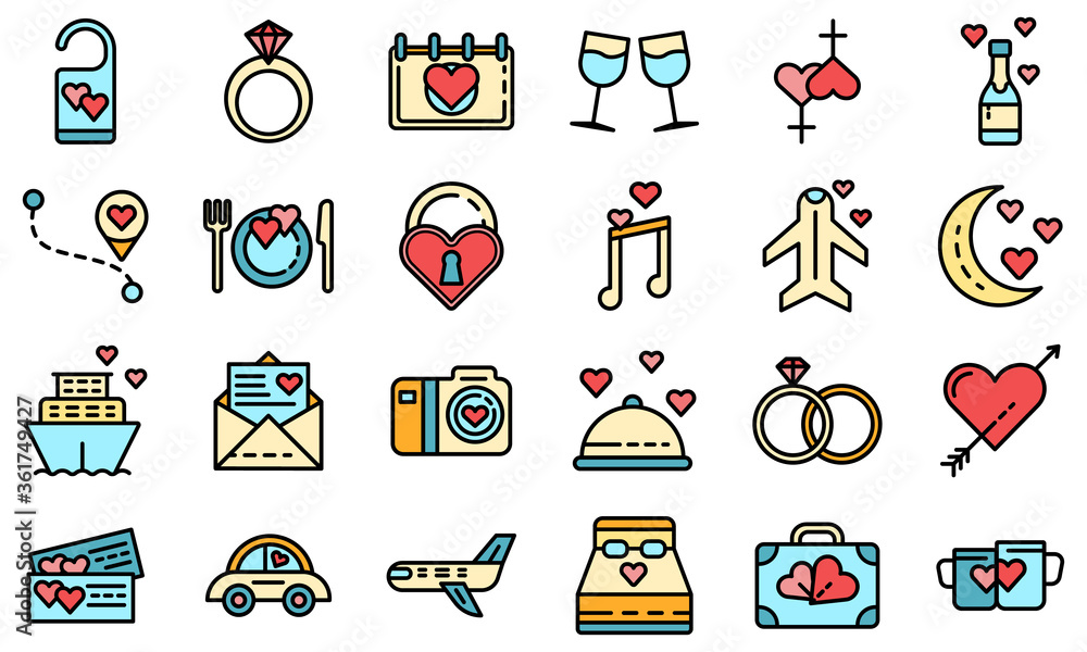 Poster honeymoon icons set. outline set of honeymoon vector icons thin line color flat on white