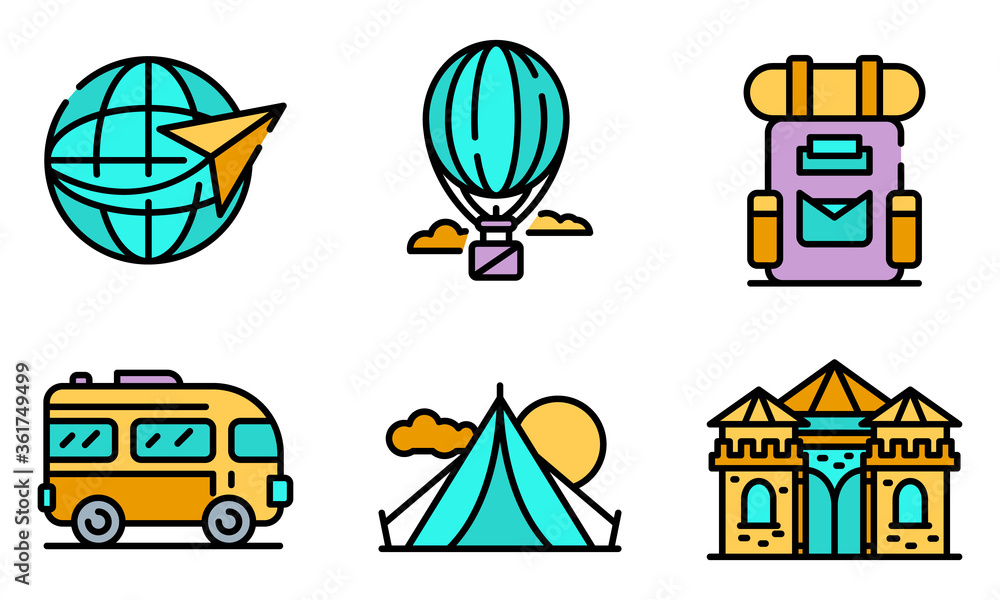 Poster excursion icons set. outline set of excursion vector icons thin line color flat on white