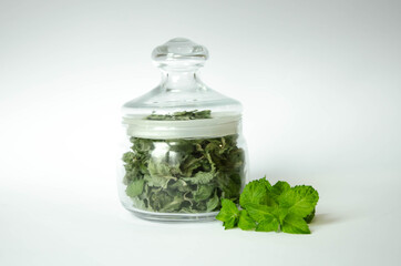 dry mint in a jar and fresh mint nearby. healthy eating. tea with mint