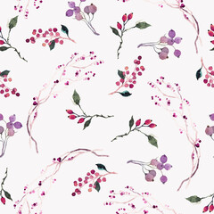Seamless watercolor pattern. Pink and purple berries on a light background
