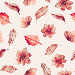 Seamless watercolor pattern. Red flowers and leaves on a light background
