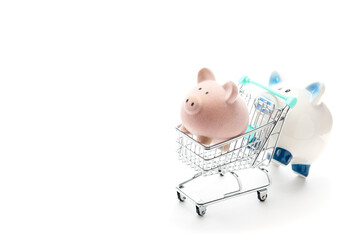 Two ceramic piggy bank inside miniature shopping cart isolated on white background with copy space 