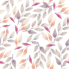 Seamless watercolor pattern. Twigs, leaves and on a white background