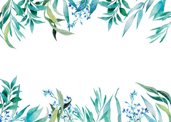 Watercolor botanical illustration. Leaves, blue flowers, twigs, blade of grass. Frame ideal for invitations, weddings