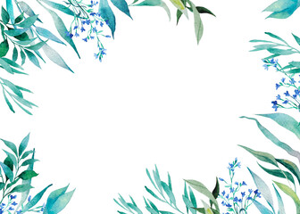 Naklejka premium Watercolor botanical illustration. Leaves, blue flowers, twigs. Frame ideal for invitations, business cards, weddings
