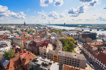 Landscape. Panoramic view of Riga old city in summer, under blue sunny sky