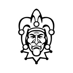 Medieval Court Jester Head Front View Mascot Black and White