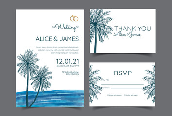 Tropical Wedding Invitations. Magnificent Cards, Posters, Greeting Cards with Coconut trees. Elegant Brochure Set, Background, Cover