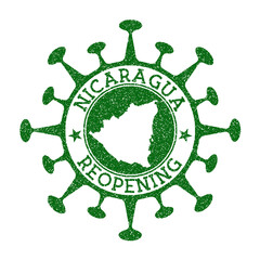 Nicaragua reopening stamp. Green round badge of country with map of Nicaragua. Country opening after lockdown. Vector illustration.