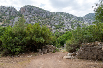 Fototapeta na wymiar Ruins of the ancient city of Olympos in Cirali village in Antalya, Turkey