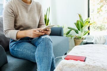 Young girl sitting on the sofa and mobile phone chargers