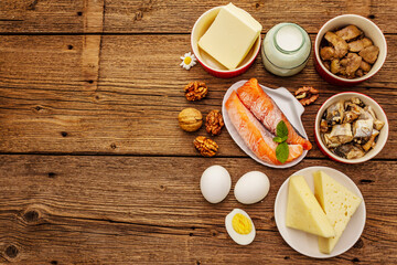 Foods containing vitamin D. Cheese, eggs, butter, nuts, milk, sardine, salmon, liver