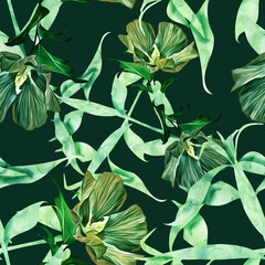 Exotic flowers and leaves, seamless pattern.