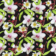 Floral bright seamless pattern with orchids and white lilies. Vector with randomly arranged flowers and leaves on a black background. For textiles, wallpapers, clothes, decorative surfaces