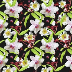 Foto op Plexiglas Orchidee Bloemen helder naadloos patroon met orchideeën en witte lelies. Vector met willekeurig gerangschikte bloemen en bladeren op een zwarte achtergrond. Voor textiel, behang, kleding, decoratieve oppervlakken