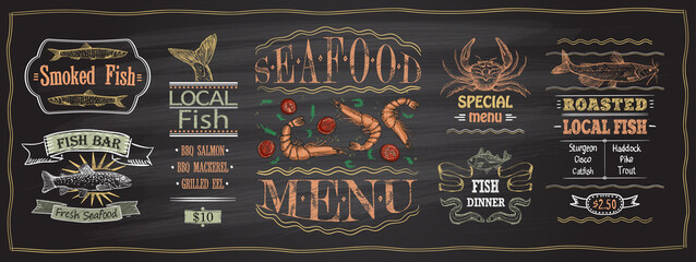 Seafood and fish menu chalkboard template, hand drawn © LP Design