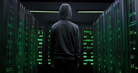 Rear of male hacker in hood walking the dark corridor in server room among servers and computers...
