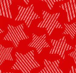 Striped stars, seamless pattern, hatching, red. Red stars on a red field. Simulation of shading. Flat color decor. Vector.  