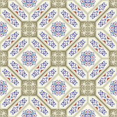 Azulejos tiles patchwork. Hand drawn seamless abstract pattern. Islam, Arabic, Indian, Ottoman motifs. Original traditional Portuguese and Spain decor. Vector