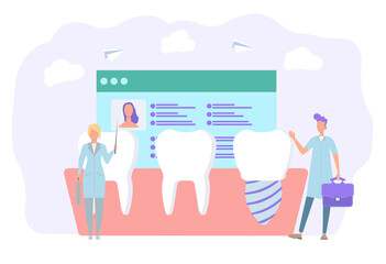 Doctors dentists install an implant. Aesthetic dentistry installation of dentures and implants. Colorful vector illustration.