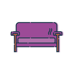 Comfortable sofa with one pillow. Image of couch in line art style. Element furniture of the interior. Modern stylish object for relaxation. Flat illustration with settee on white background